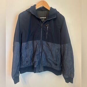 Express Men's Navy Hooded Zip Bomber Jacket size large
